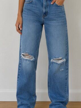 Zara High Rise Distressed Straight Leg Jeans Light Wash Size 6